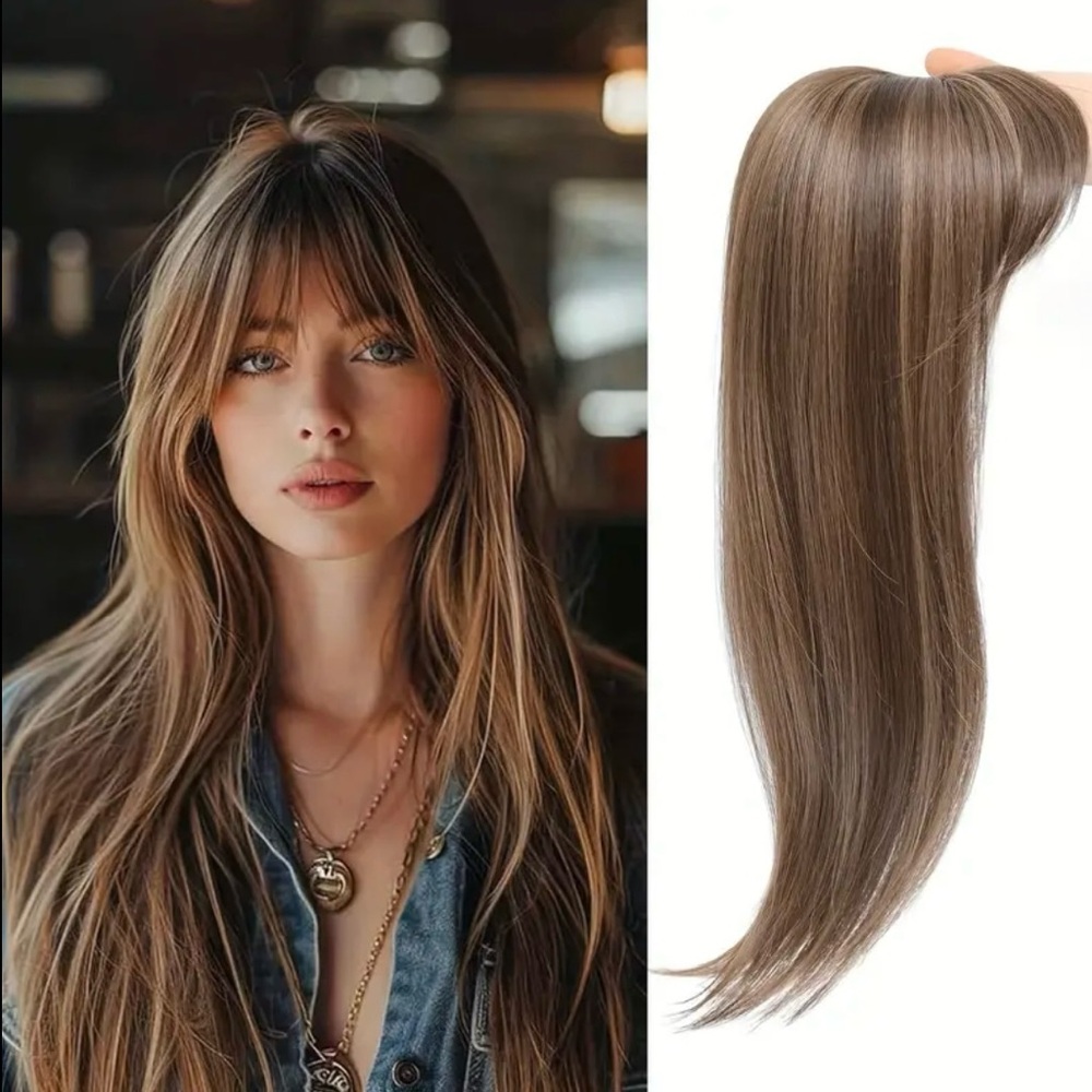 Medium Brown with Highlights 18” Clip-In Bangs and Extension